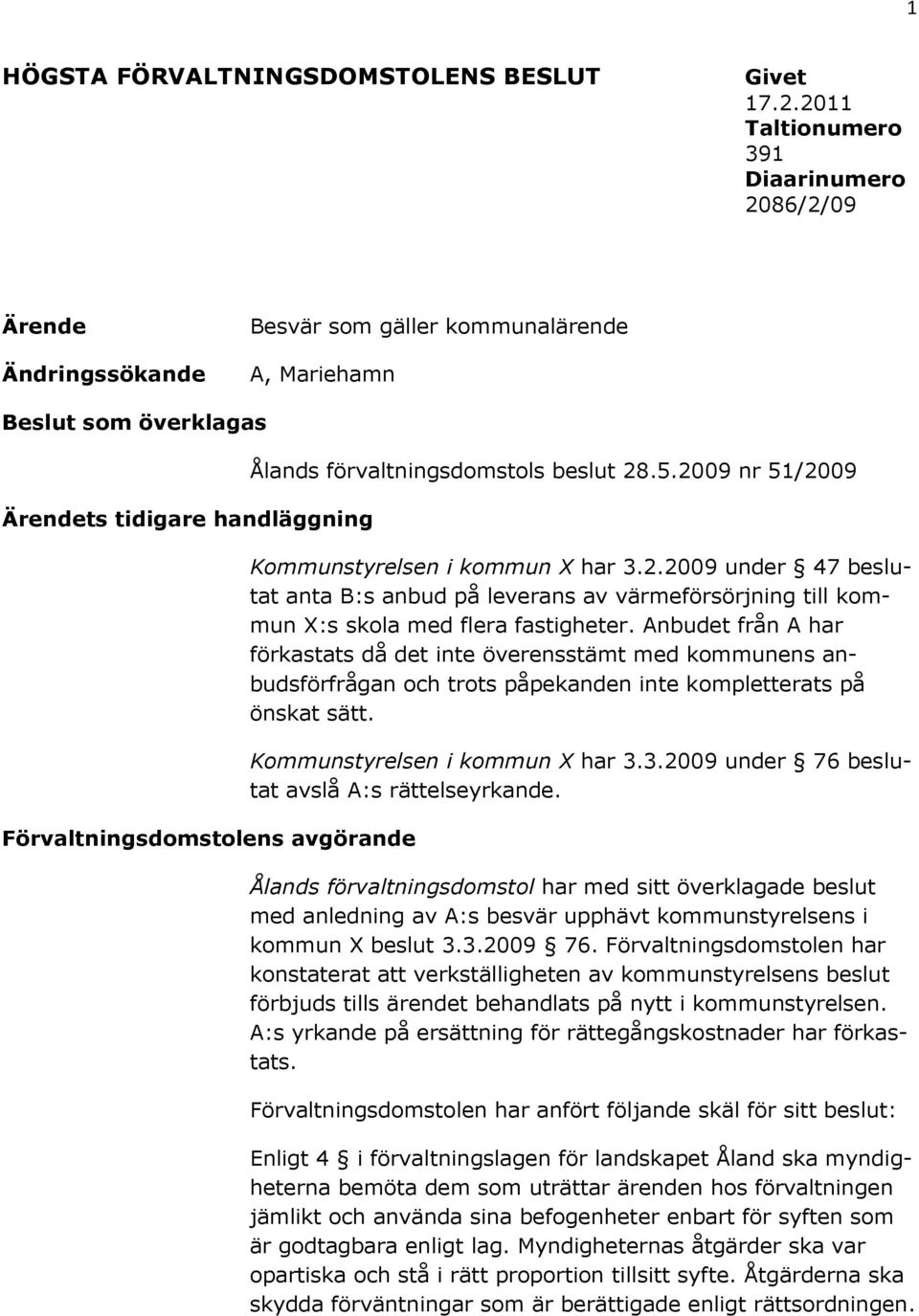 Ålands förvaltningsdomstols beslut 28.5.2009 nr 51/2009 Kommunstyrelsen i kommun X har 3.2.2009 under 47 beslutat anta B:s anbud på leverans av värmeförsörjning till kommun X:s skola med flera fastigheter.