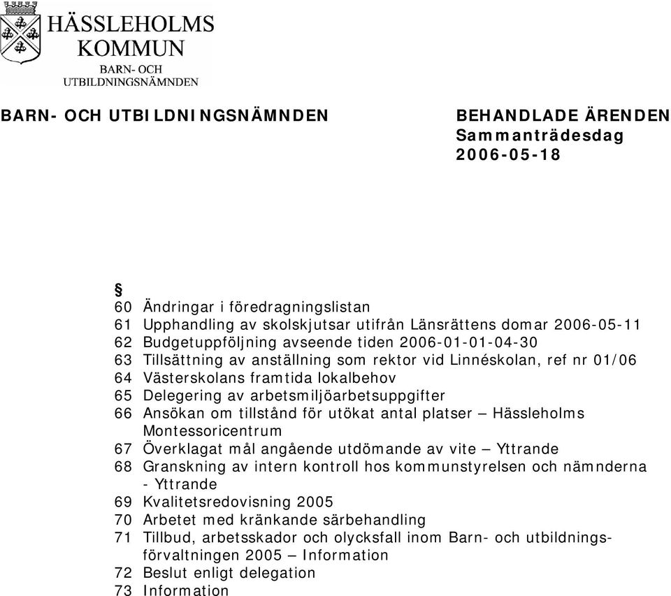 tillstånd för utökat antal platser Hässleholms Montessoricentrum 67 Överklagat mål angående utdömande av vite Yttrande 68 Granskning av intern kontroll hos kommunstyrelsen och nämnderna -