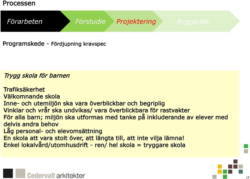 ska utformas med tanke på inkluderande av elever med delvis andra behov Låg personal- och elevomsättning En skola att