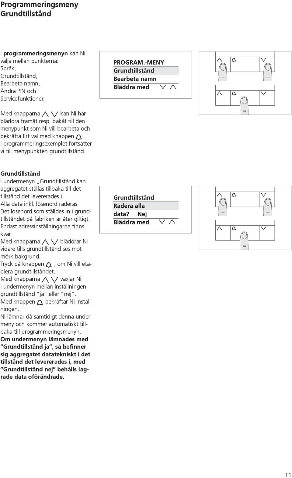 Grundtillstånd I undermenyn Grundtillstånd kan aggregatet ställas tillbaka till det tillstånd det levererades i. Alla data inkl. lösenord raderas.