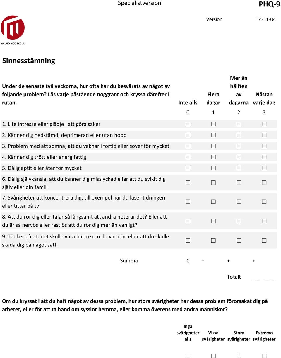 Dålig självkänsla, att du känner dig misslyckad eller att du svikit dig själv eller din familj 7. Svårigheter att koncentrera dig, till exempel när du läser tidningen eller tittar på tv 8.