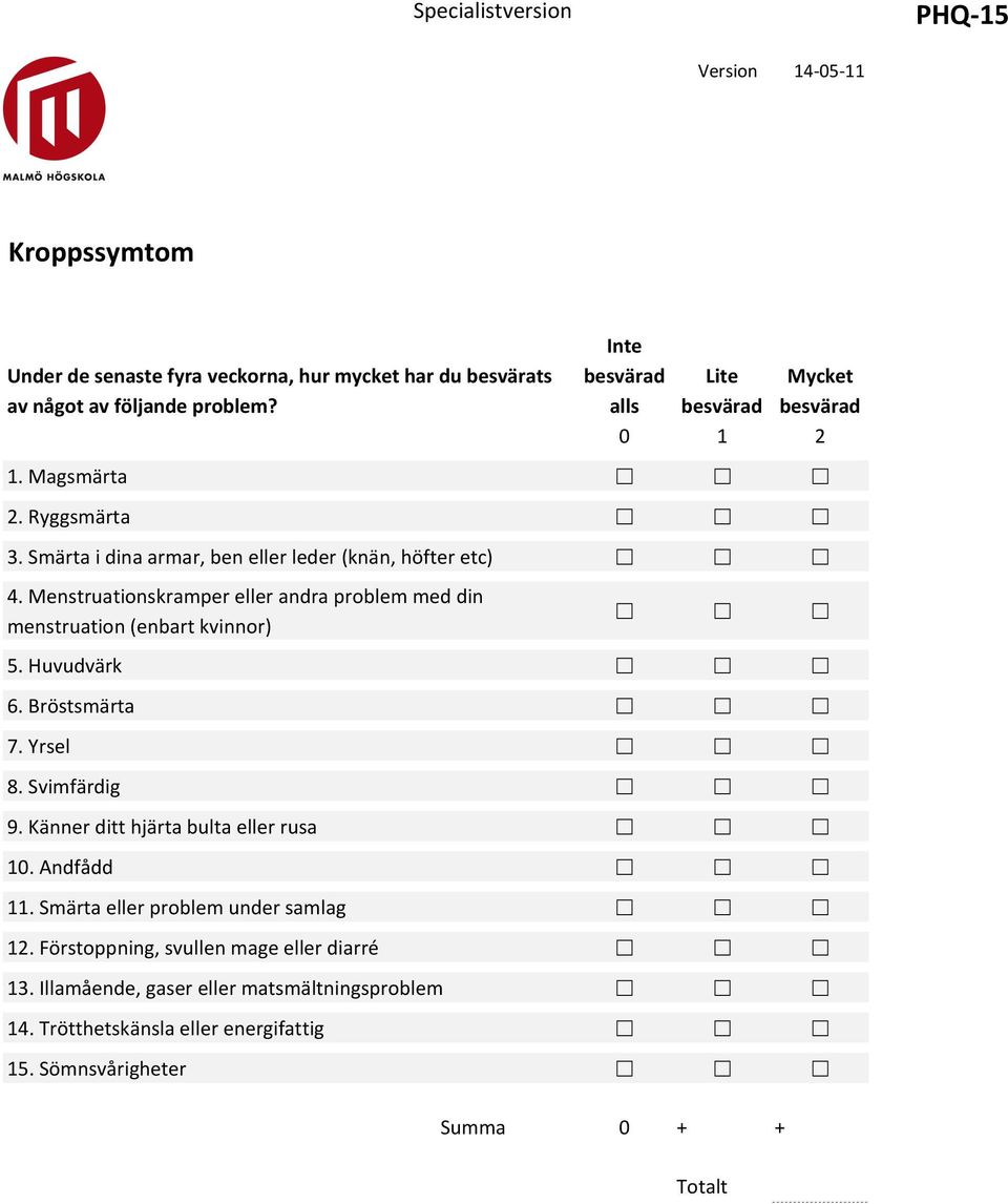 Bröstsmärta 7. Yrsel 8. Svimfärdig 9. Känner ditt hjärta bulta eller rusa 10. Andfådd 11. Smärta eller problem under samlag 12.