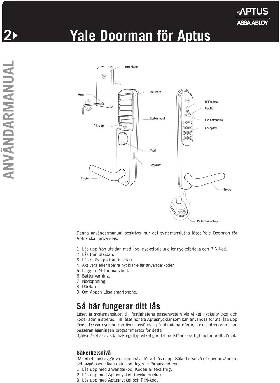 Aktivera eller spärra nycklar eller användarkoder. 5. Lägg in 4-timmars kod. 6. Batterivarning. 7. Nödöppning. 8. Dörrlarm. 9. Om Appen Låsa smartphone.