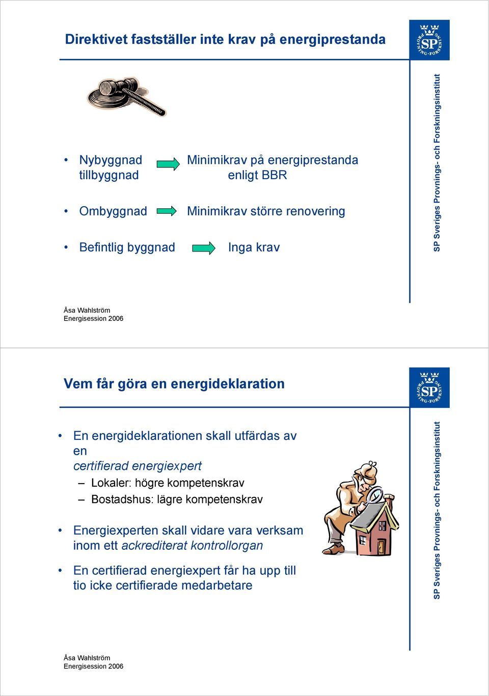 utfärdas av en certifierad energiexpert Lokaler: högre kompetenskrav Bostadshus: lägre kompetenskrav Energiexperten skall