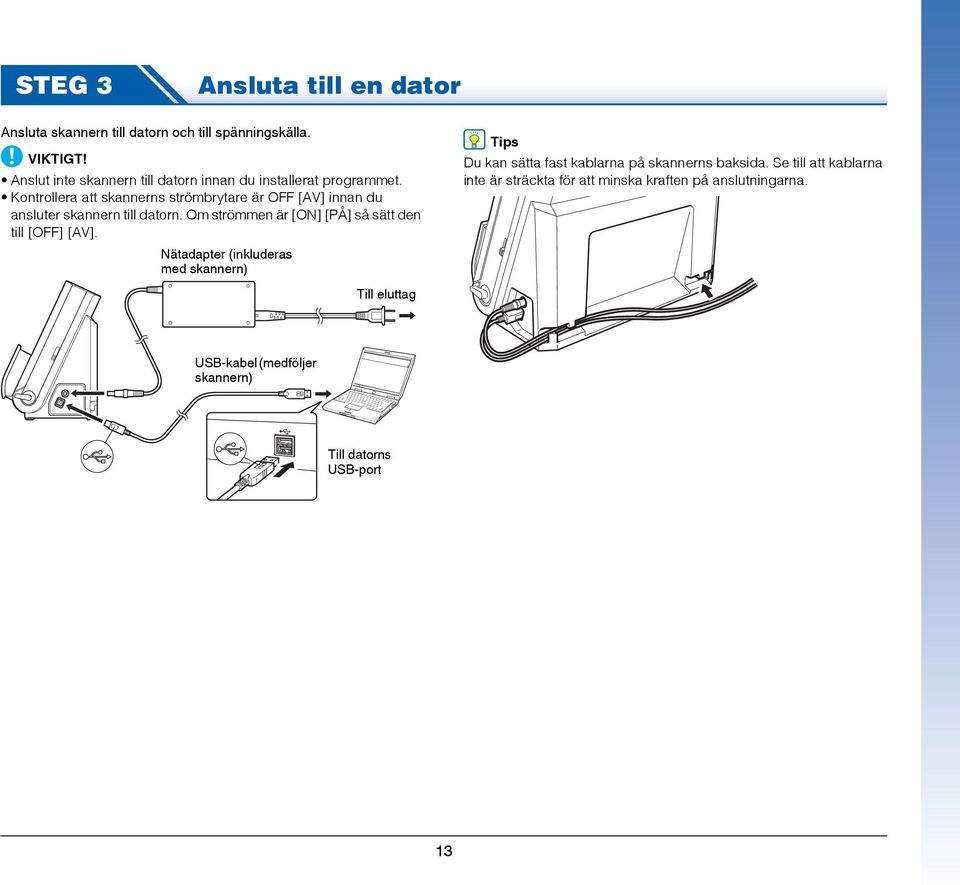 Kontrollera att skannerns strömbrytare är OFF [AV] innan du ansluter skannern till datorn.