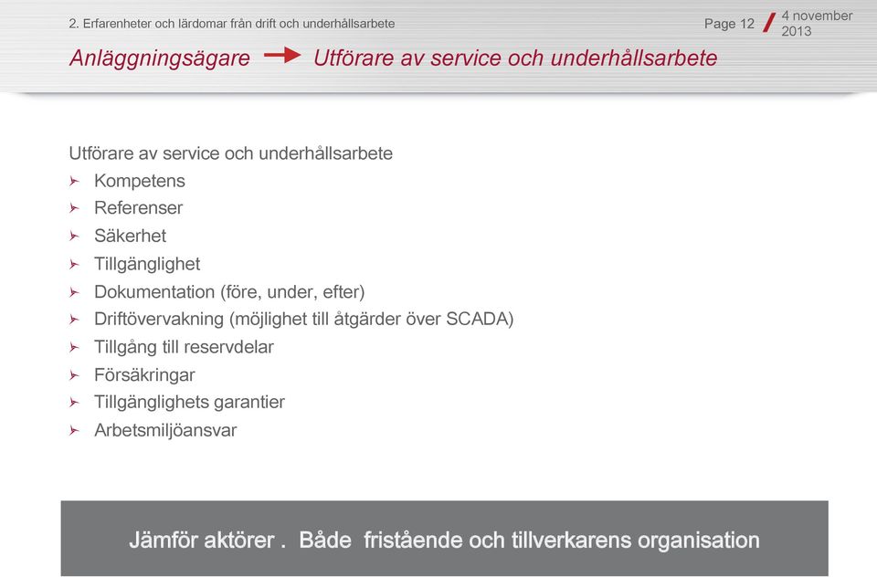 Dokumentation (före, under, efter) " Driftövervakning (möjlighet till åtgärder över SCADA) " Tillgång till