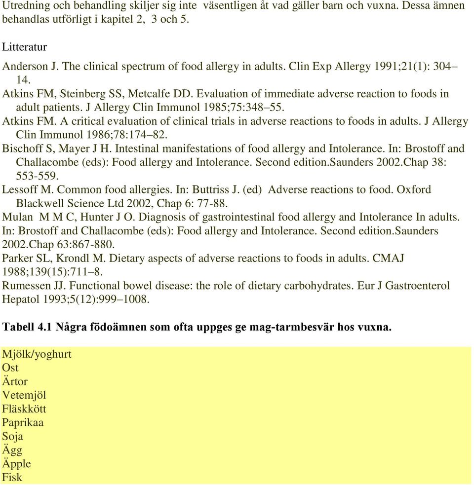 J Allergy Clin Immunol 1985;75:348 55. Atkins FM. A critical evaluation of clinical trials in adverse reactions to foods in adults. J Allergy Clin Immunol 1986;78:174 82. Bischoff S, Mayer J H.