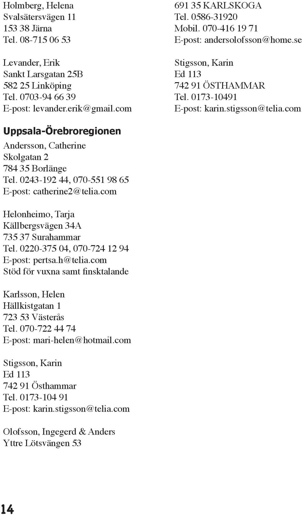 com Uppsala-Örebroregionen Andersson, Catherine Skolgatan 2 784 35 Borlänge Tel. 0243-192 44, 070-551 98 65 E-post: catherine2@telia.com Helonheimo, Tarja Källbergsvägen 34A 735 37 Surahammar Tel.