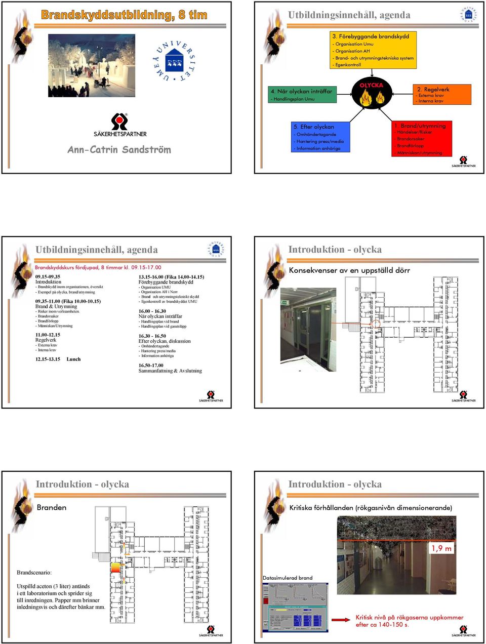 Brand/utrymning -Händelser/Risker - Brandorsaker - Brandförlopp - Människan/utrymning Utbildningsinnehåll, agenda Introduktion - olycka Brandskyddskurs fördjupad, 8 timmar kl. 09.15-17.00 09.15-09.