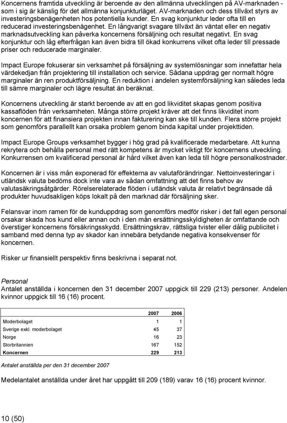 En långvarigt svagare tillväxt än väntat eller en negativ marknadsutveckling kan påverka koncernens försäljning och resultat negativt.