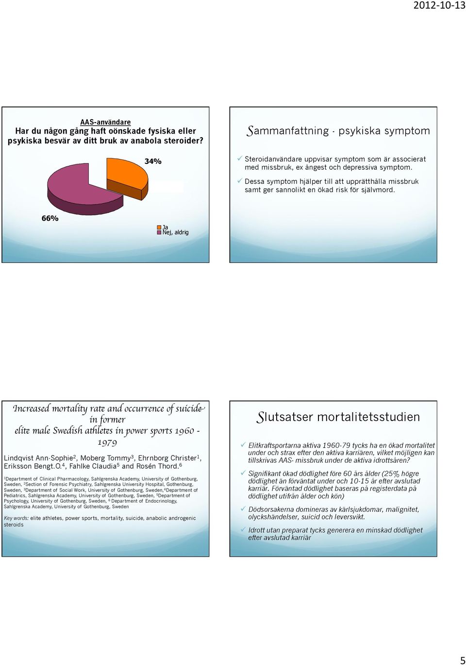 66% Ja Nej, aldrig Increased mortality rate and occurrence of suicide in former elite male Swedish athletes in power sports 1960-1979 Lindqvist Ann-Sophie 2, Moberg Tommy 3, Ehrnborg Christer 1,