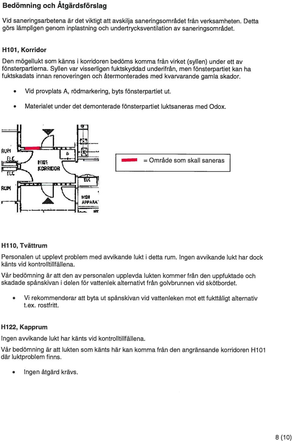 HiOl, Korridor Den mögellukt som känns i korridoren bedöms komma från virket (syllen) under ett av fönsterpartierna.