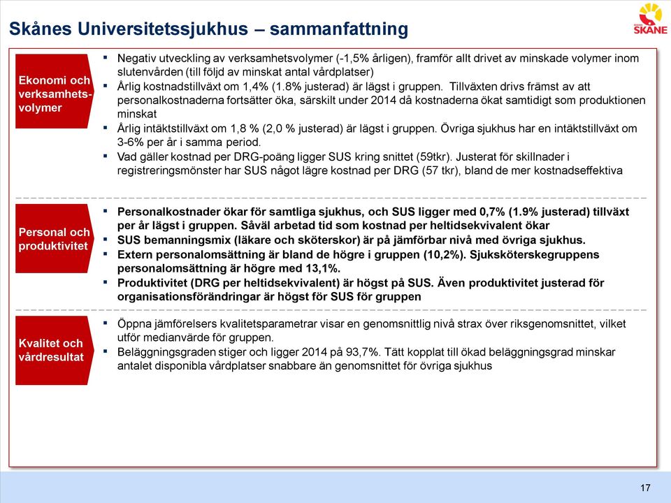 Tillväxten drivs främst av att personalkostnaderna fortsätter öka, särskilt under 2014 då kostnaderna ökat samtidigt som produktionen minskat Årlig intäktstillväxt om 1,8 % (2,0 % justerad) är lägst