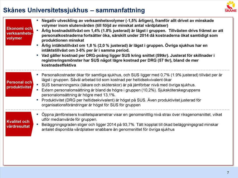 Tillväxten drivs främst av att personalkostnaderna fortsätter öka, särskilt under 2014 då kostnaderna ökat samtidigt som produktionen minskat Årlig intäktstillväxt om 1,8 % (2,0 % justerad) är lägst