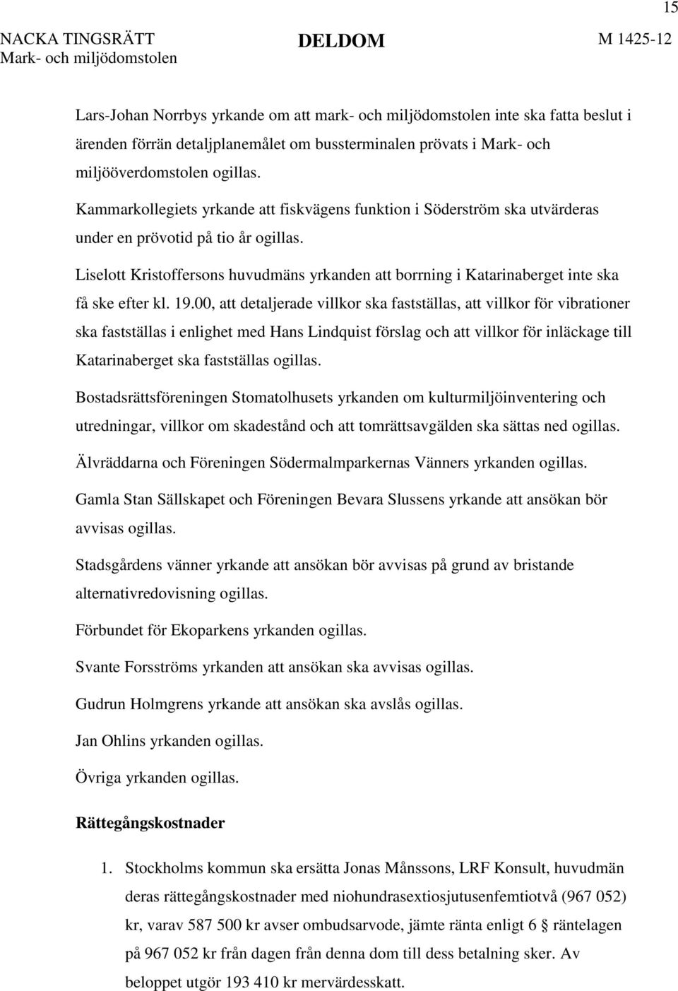 Liselott Kristoffersons huvudmäns yrkanden att borrning i Katarinaberget inte ska få ske efter kl. 19.