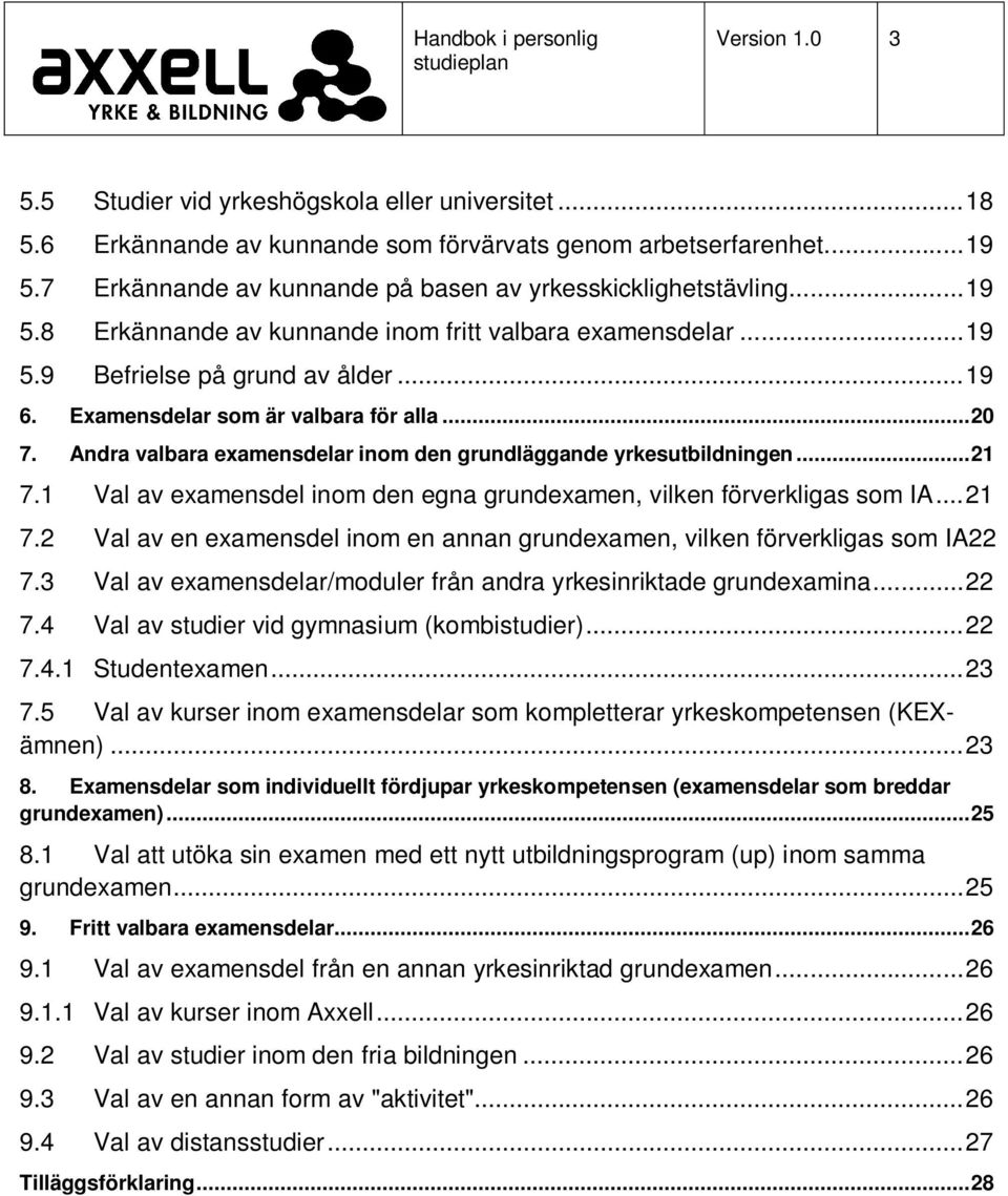 Examensdelar som är valbara för alla... 20 7. Andra valbara examensdelar inom den grundläggande yrkesutbildningen... 21 7.1 Val av examensdel inom den egna grundexamen, vilken förverkligas som IA.