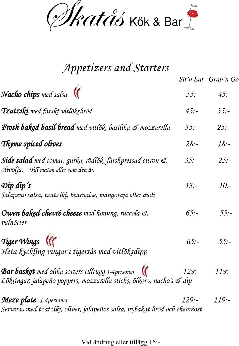 Dip dip s 13:- 10:- Jalapeño salsa, tzatziki, bearnaise, mangoraja eller aioli Owen baked chevré cheese med honung, ruccola & 65:- 55:- valnötter Tiger Wings 65:- 55:- Heta kyckling vingar i tigersås