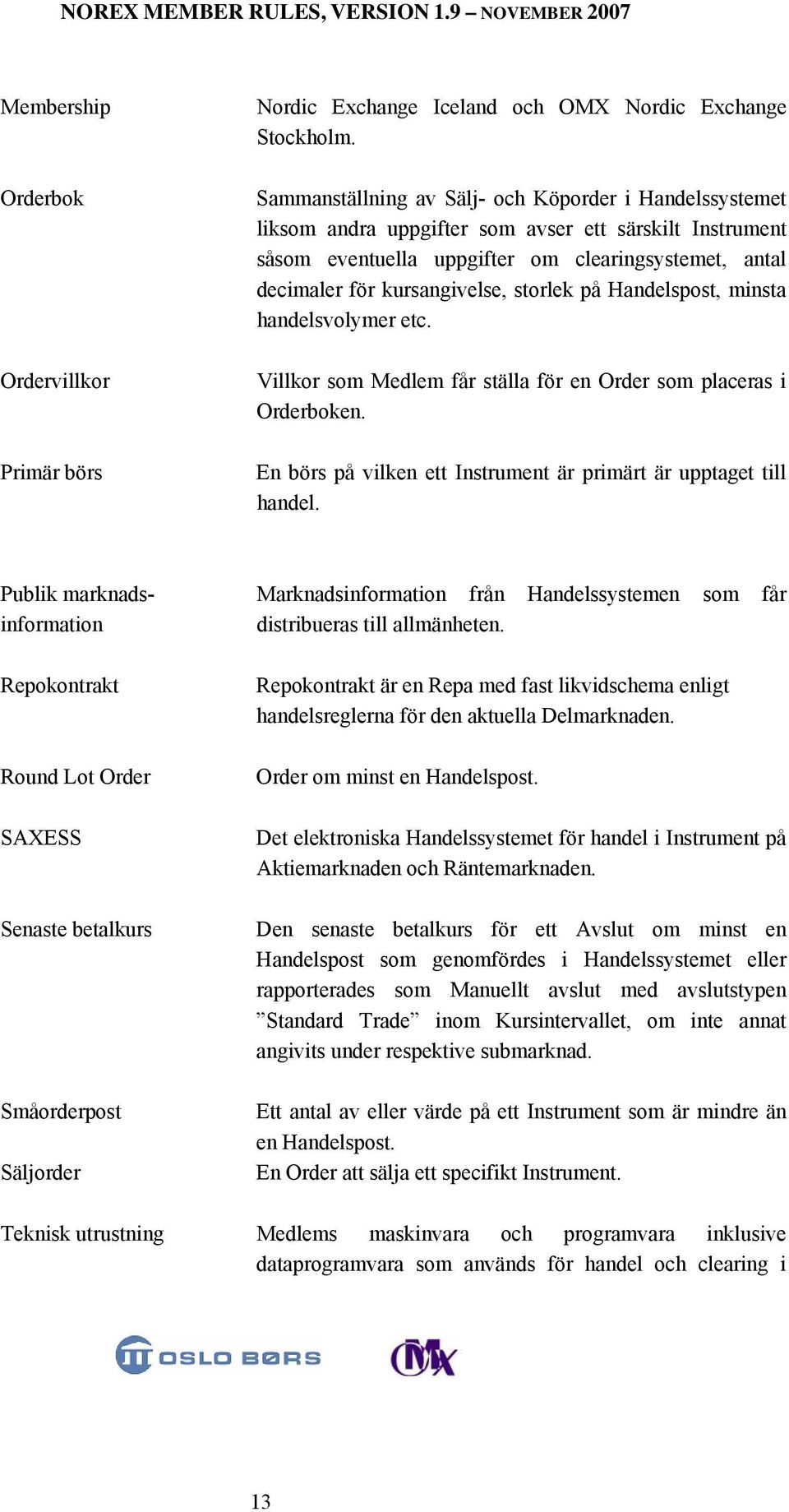 kursangivelse, storlek på Handelspost, minsta handelsvolymer etc. Ordervillkor Villkor som Medlem får ställa för en Order som placeras i Orderboken.