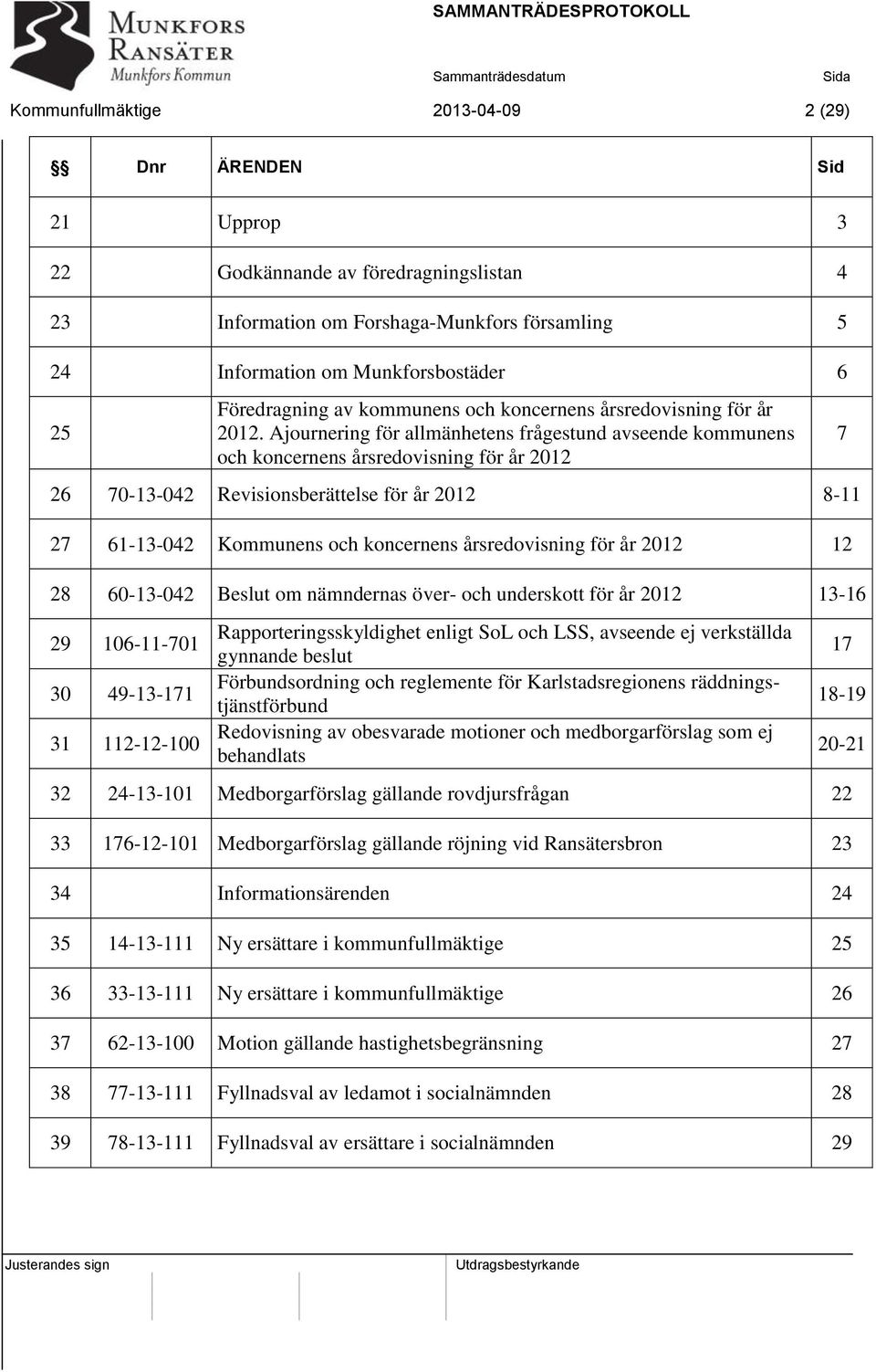 Ajournering för allmänhetens frågestund avseende kommunens och koncernens årsredovisning för år 2012 26 70-13-042 Revisionsberättelse för år 2012 8-11 27 61-13-042 Kommunens och koncernens