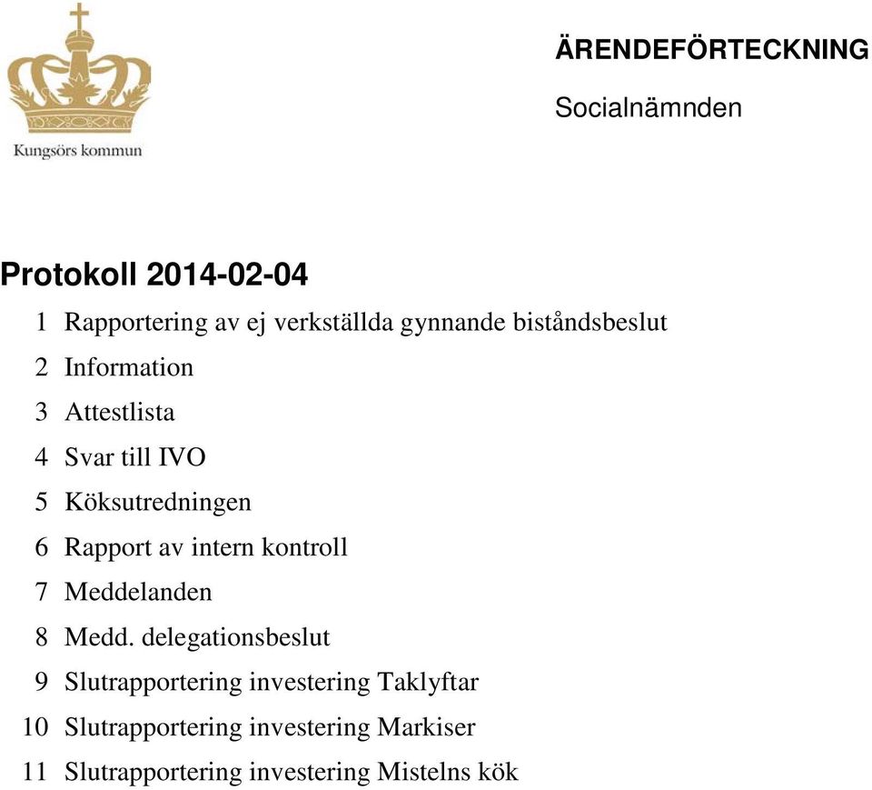 Köksutredningen Rapport av intern kontroll Meddelanden Medd.