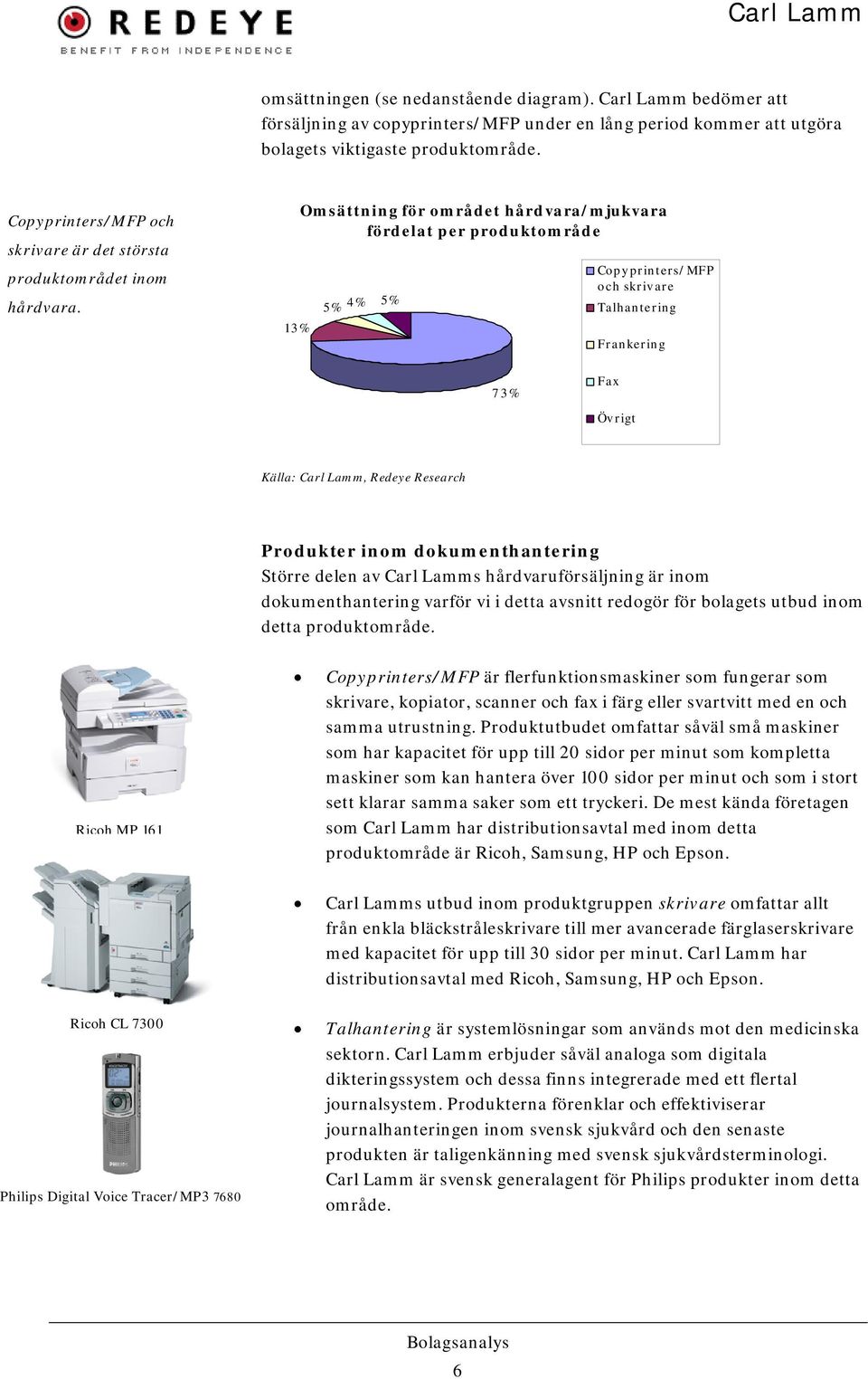 13% Omsättning för området hårdvara/mjukvara fördelat per produktområde 5% 4% 5% Copyprinters/MFP och skrivare Talhantering Frankering 73% Fax Öv rigt Källa: Carl Lamm, Redeye Research Produkter inom