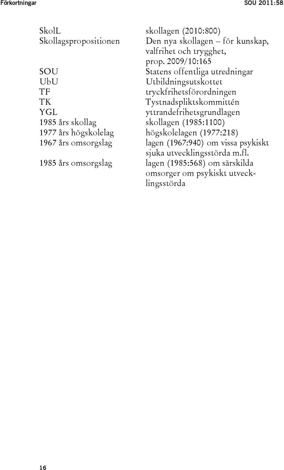 yttrandefrihetsgrundlagen 1985 års skollag skollagen (1985:1100) 1977 års högskolelag högskolelagen (1977:218) 1967 års omsorgslag lagen