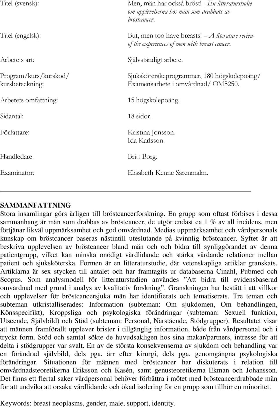 Sjuksköterskeprogrammet, 180 högskolepoäng/ Examensarbete i omvårdnad/ OM5250. 15 högskolepoäng. 18 sidor. Kristina Jonsson. Ida Karlsson. Britt Borg. Elisabeth Kenne Sarenmalm.