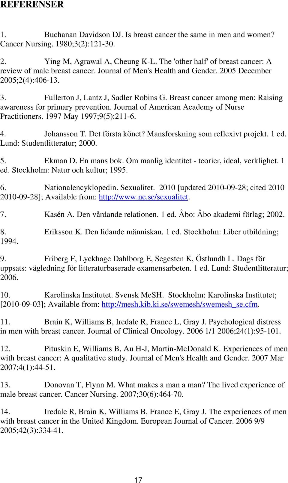 Breast cancer among men: Raising awareness for primary prevention. Journal of American Academy of Nurse Practitioners. 1997 May 1997;9(5):211-6. 4. Johansson T. Det första könet?