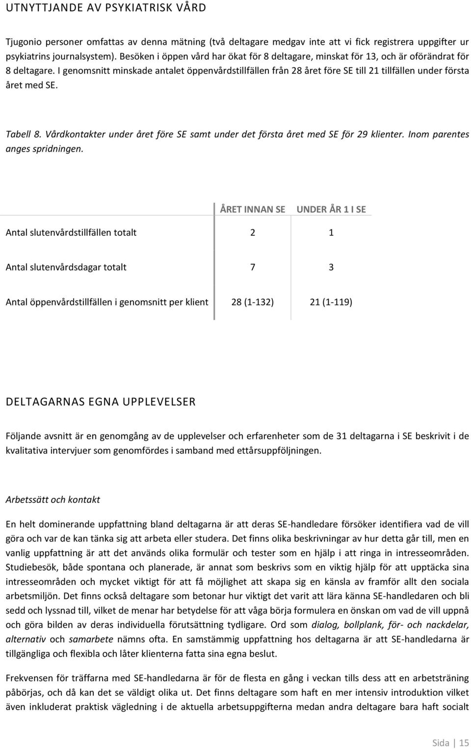 I genmsnitt minskade antalet öppenvårdstillfällen från 28 året före SE till 21 tillfällen under första året med SE. Tabell 8.