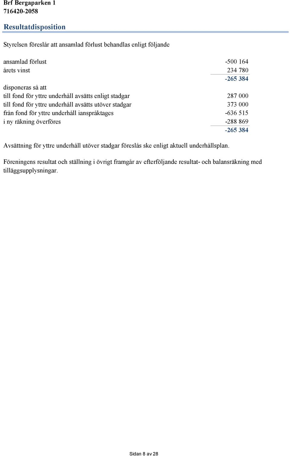 för yttre underhåll ianspråktages -636 515 i ny räkning överföres -288 869-265 384 Avsättning för yttre underhåll utöver stadgar föreslås ske enligt