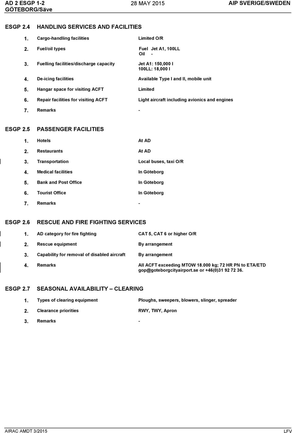 Repair facilities for visiting ACFT Light aircraft including avionics and engines 7. Remarks - ESGP 2.5 PASSENGER FACILITIES 1. Hotels At AD 2. Restaurants At AD 3.