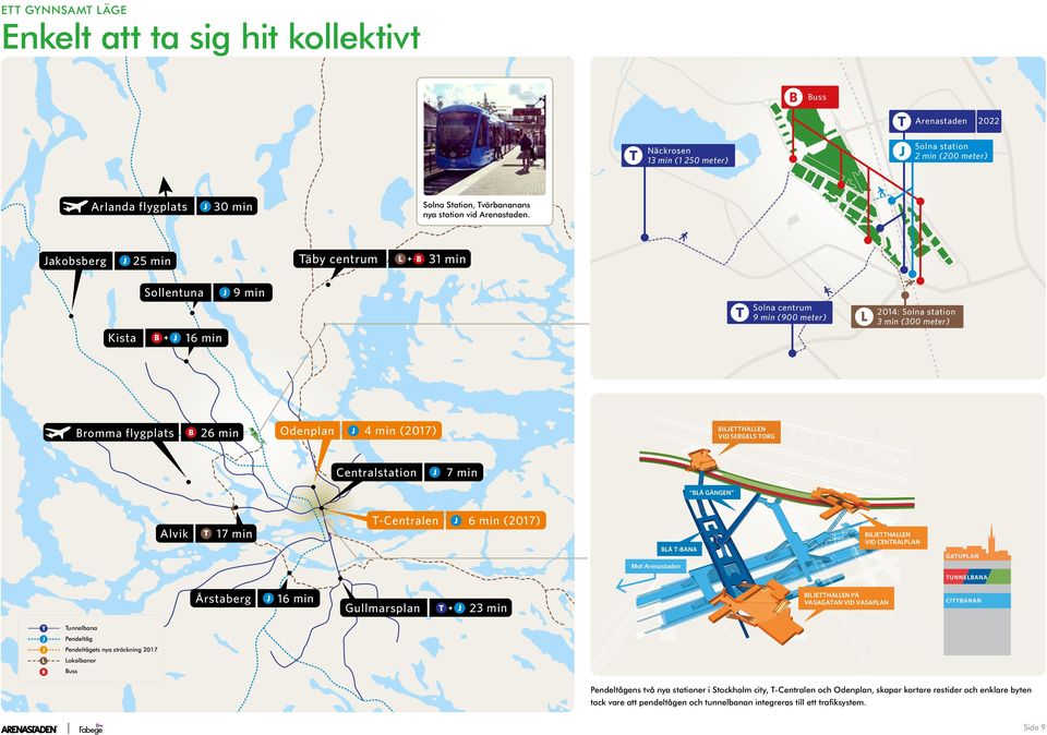 25 min Sollentuna Buss Solna centrum 9 min (900 meter) 2014: Solna station 3 min (300 meter) 16 min Bromma flygplats B Odenplan 26 min 4 min (2017) Centralstation BIEHAEN VID SERGES ORG 7 min BÅ