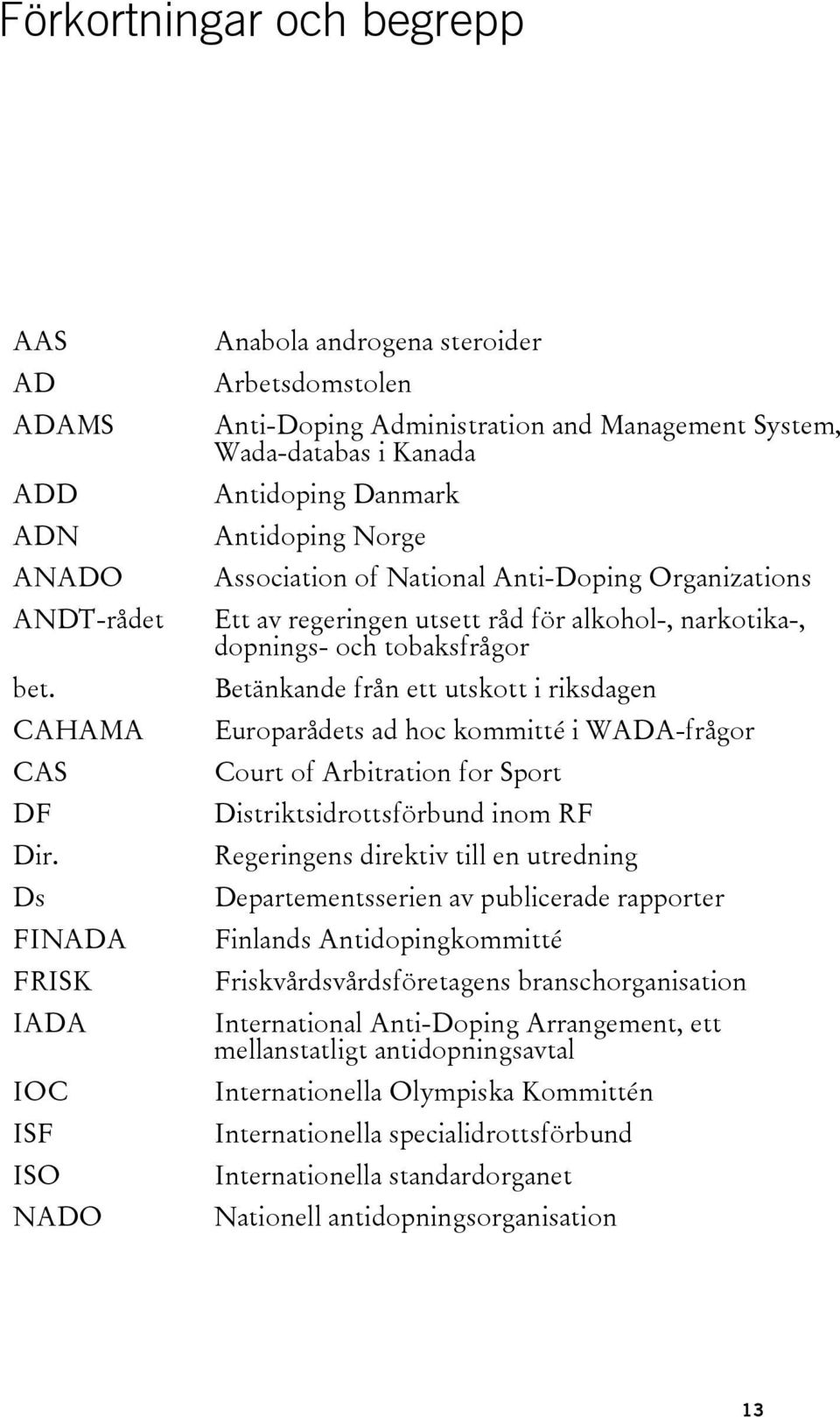 Association of National Anti-Doping Organizations Ett av regeringen utsett råd för alkohol-, narkotika-, dopnings- och tobaksfrågor Betänkande från ett utskott i riksdagen Europarådets ad hoc