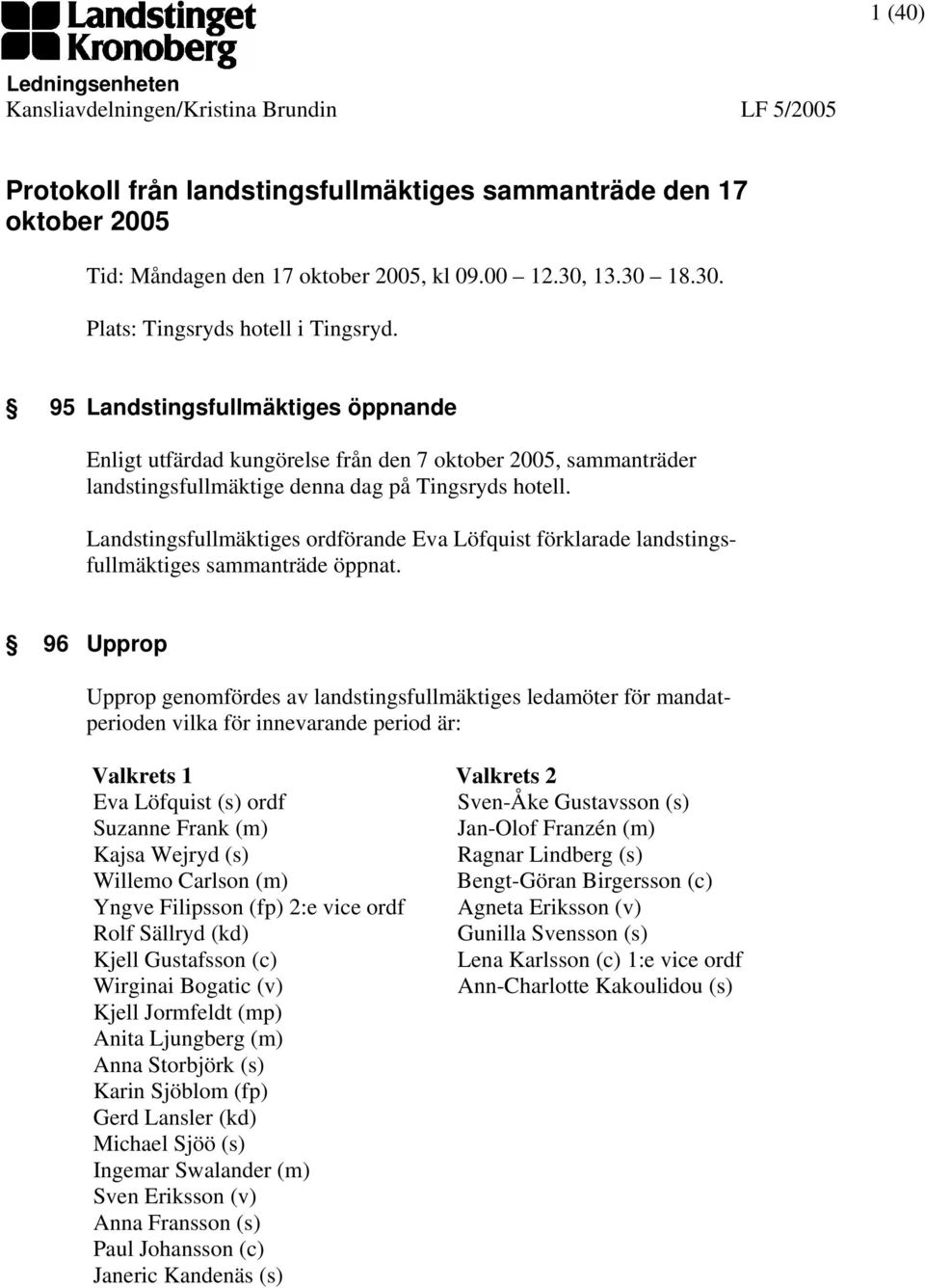 95 Landstingsfullmäktiges öppnande Enligt utfärdad kungörelse från den 7 oktober 2005, sammanträder landstingsfullmäktige denna dag på Tingsryds hotell.