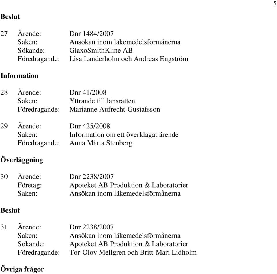 överklagat ärende Föredragande: Anna Märta Stenberg 30 Ärende: Dnr 2238/2007 Företag: Apoteket AB Produktion & Laboratorier 31