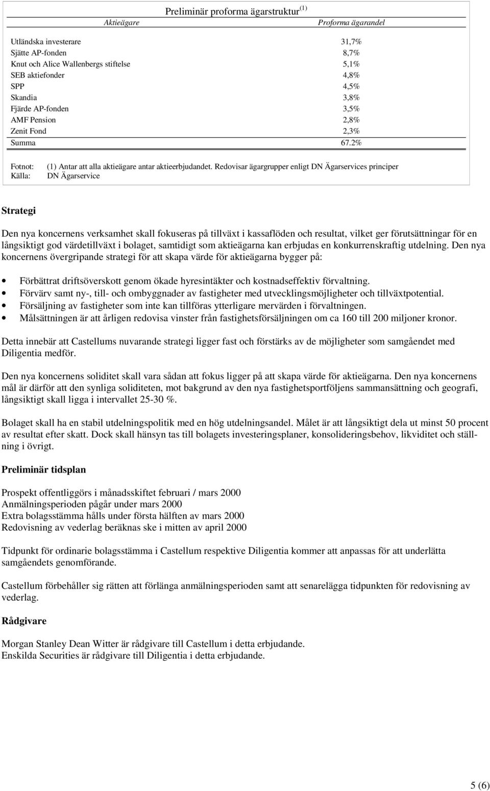 Redovisar ägargrupper enligt DN Ägarservices principer DN Ägarservice Strategi Den nya koncernens verksamhet skall fokuseras på tillväxt i kassaflöden och resultat, vilket ger förutsättningar för en