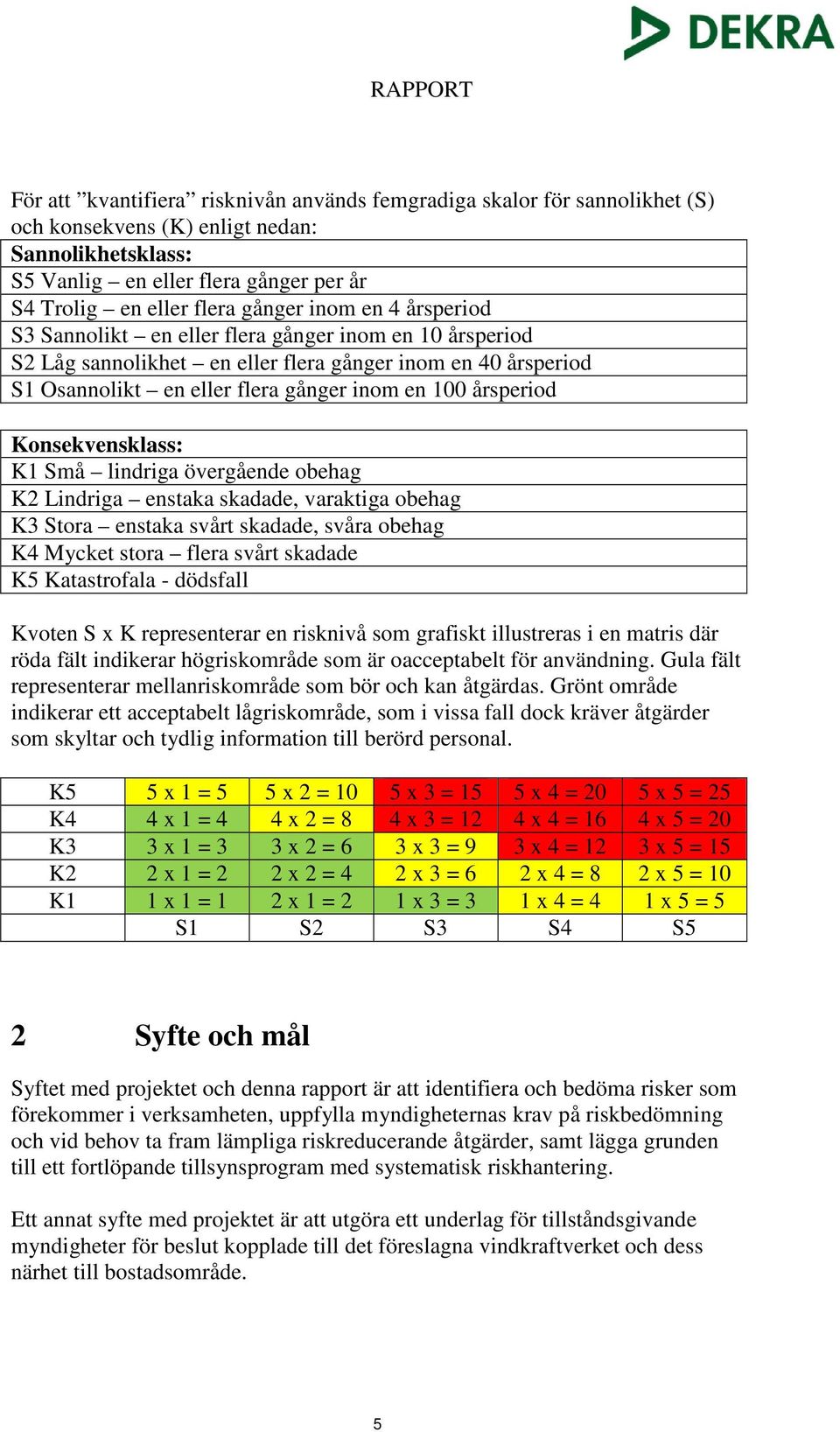 Konsekvensklass: K2 Lindriga enstaka skadade, varaktiga obehag K3 Stora enstaka svårt skadade, svåra obehag K4 Mycket stora flera svårt skadade K5 Katastrofala - dödsfall Kvoten S x K representerar