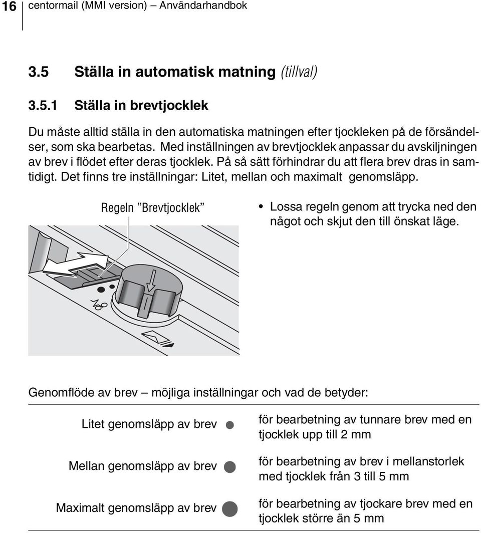 Det finns tre inställningar: Litet, mellan och maximalt genomsläpp. Regeln Brevtjocklek Lossa regeln genom att trycka ned den något och skjut den till önskat läge.