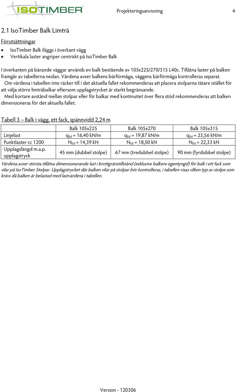 105x225/270/315 L40c. Tillåtna laster på balken framgår av tabellerna nedan. Värdena avser balkens bärförmåga, väggens bärförmåga kontrolleras separat.