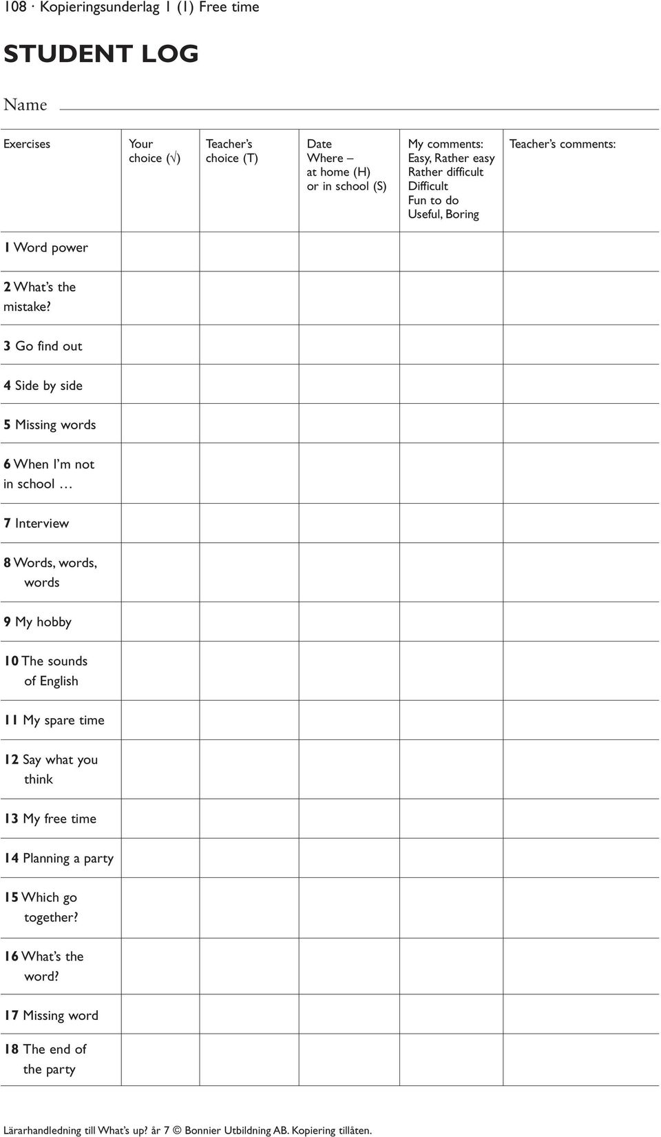 3 Go find out 4 Side by side 5 Missing words 6 When I m not in school 7 Interview 8 Words, words, words 9 My hobby 10 The sounds of English 11 My spare time 12 Say