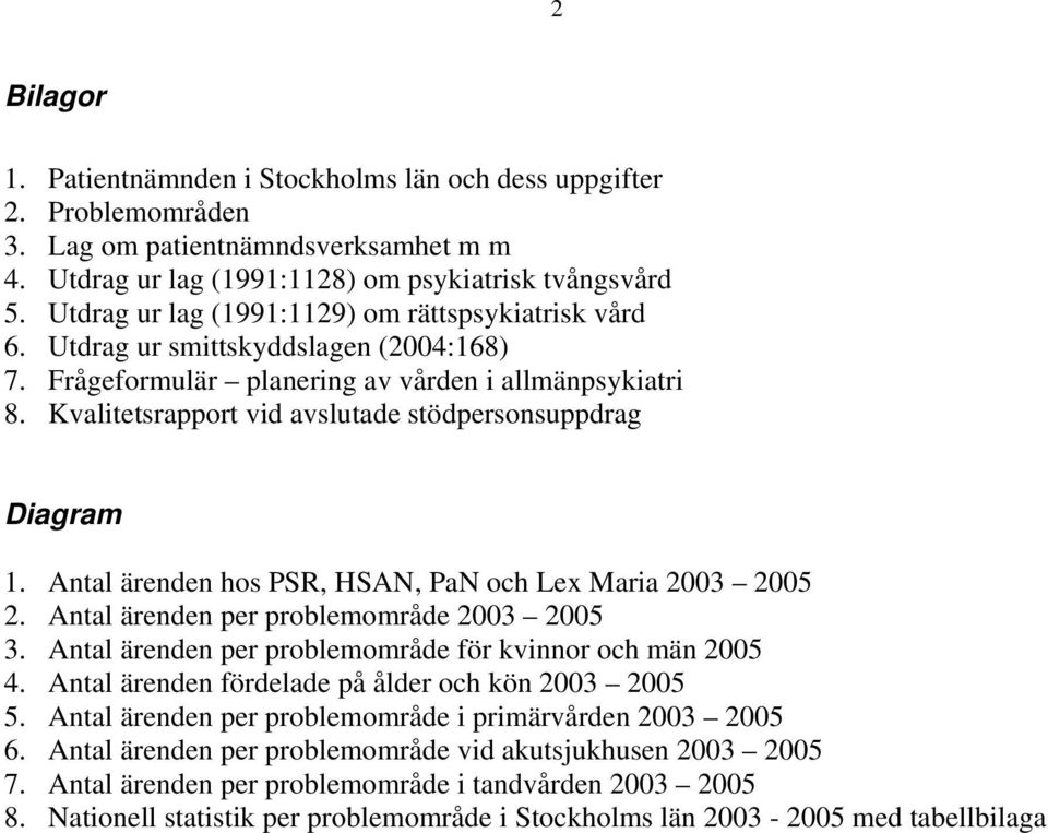 Kvalitetsrapport vid avslutade stödpersonsuppdrag Diagram 1. Antal ärenden hos PSR, HSAN, PaN och Lex Maria 2003 2005 2. Antal ärenden per problemområde 2003 2005 3.