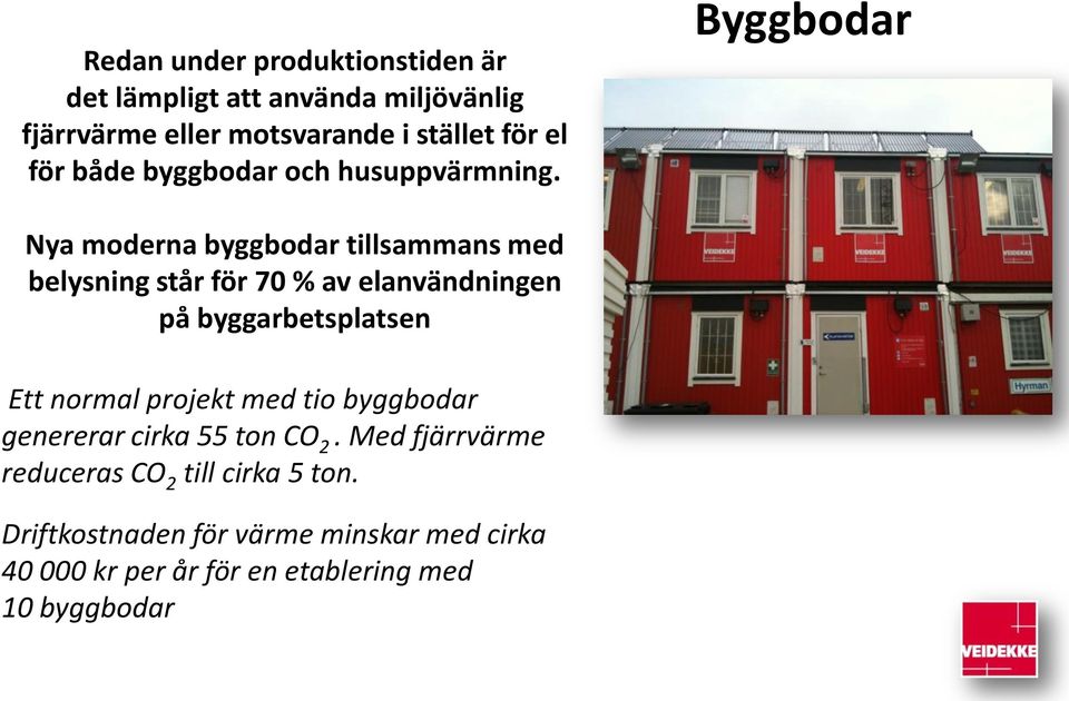 Byggbodar Nya moderna byggbodar tillsammans med belysning står för 70 % av elanvändningen på byggarbetsplatsen Ett