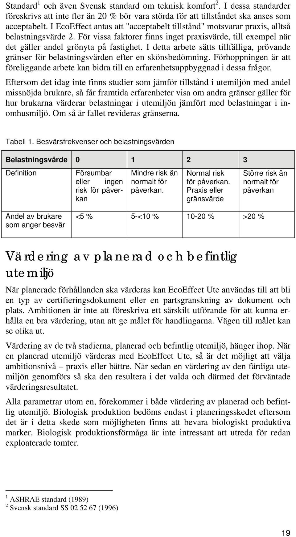 I detta arbete sätts tillfälliga, prövande gränser för belastningsvärden efter en skönsbedömning. Förhoppningen är att föreliggande arbete kan bidra till en erfarenhetsuppbyggnad i dessa frågor.