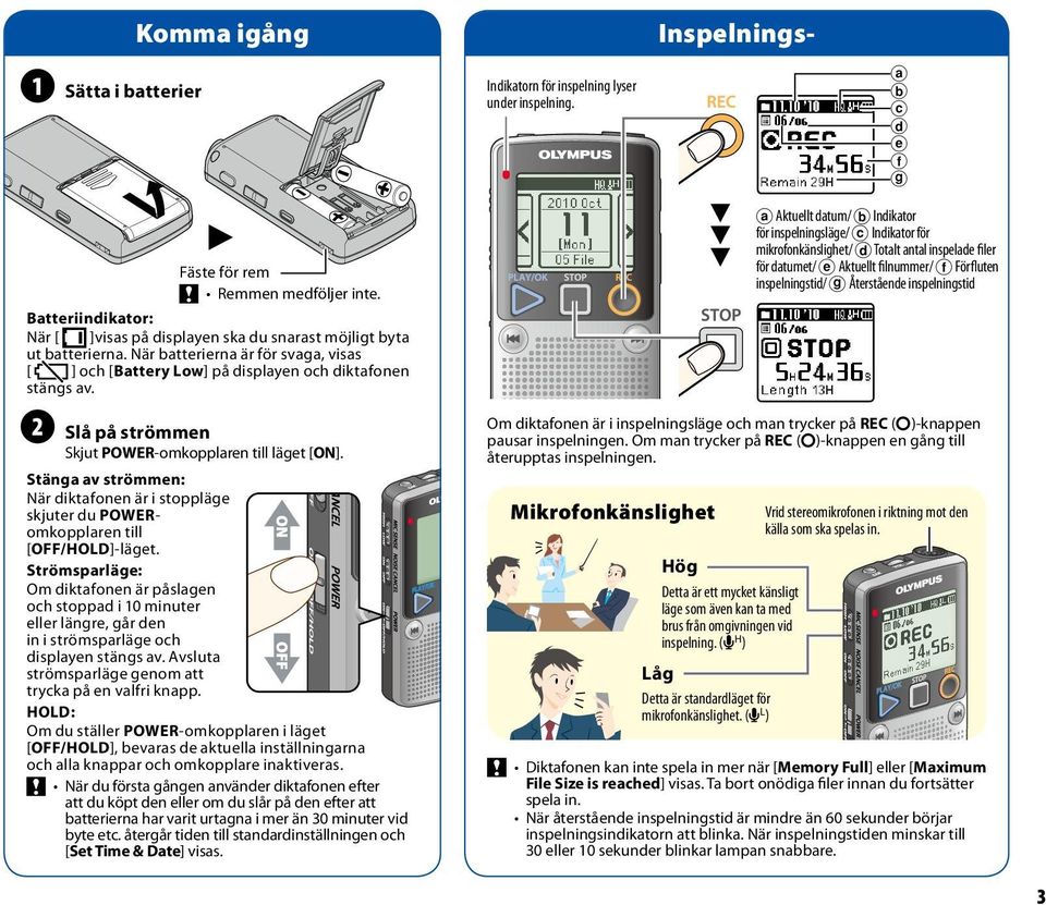 inspelningstid Batteriindikator: När [ ]visas på displayen ska du snarast möjligt byta ut batterierna. När batterierna är för svaga, visas [ ] och [Battery Low] på displayen och diktafonen stängs av.