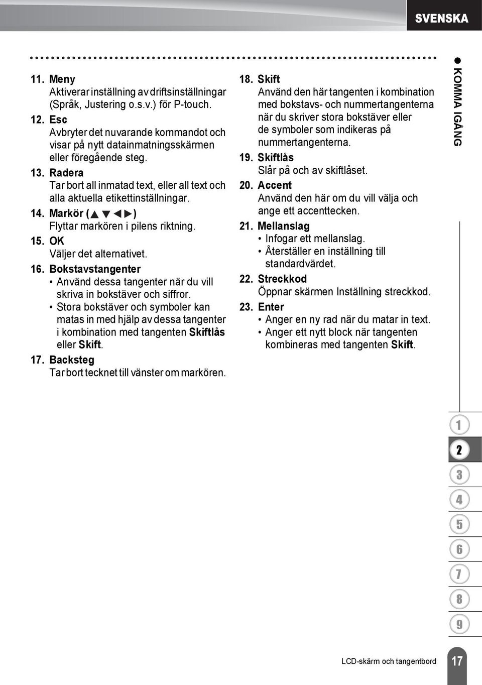 . Bokstavstangenter Använd dessa tangenter när du vill skriva in bokstäver och siffror.