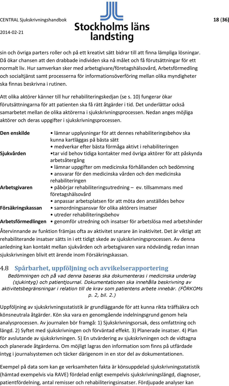 Hur samverkan sker med arbetsgivare/företagshälsovård, Arbetsförmedling och socialtjänst samt processerna för informationsöverföring mellan olika myndigheter ska finnas beskrivna i rutinen.