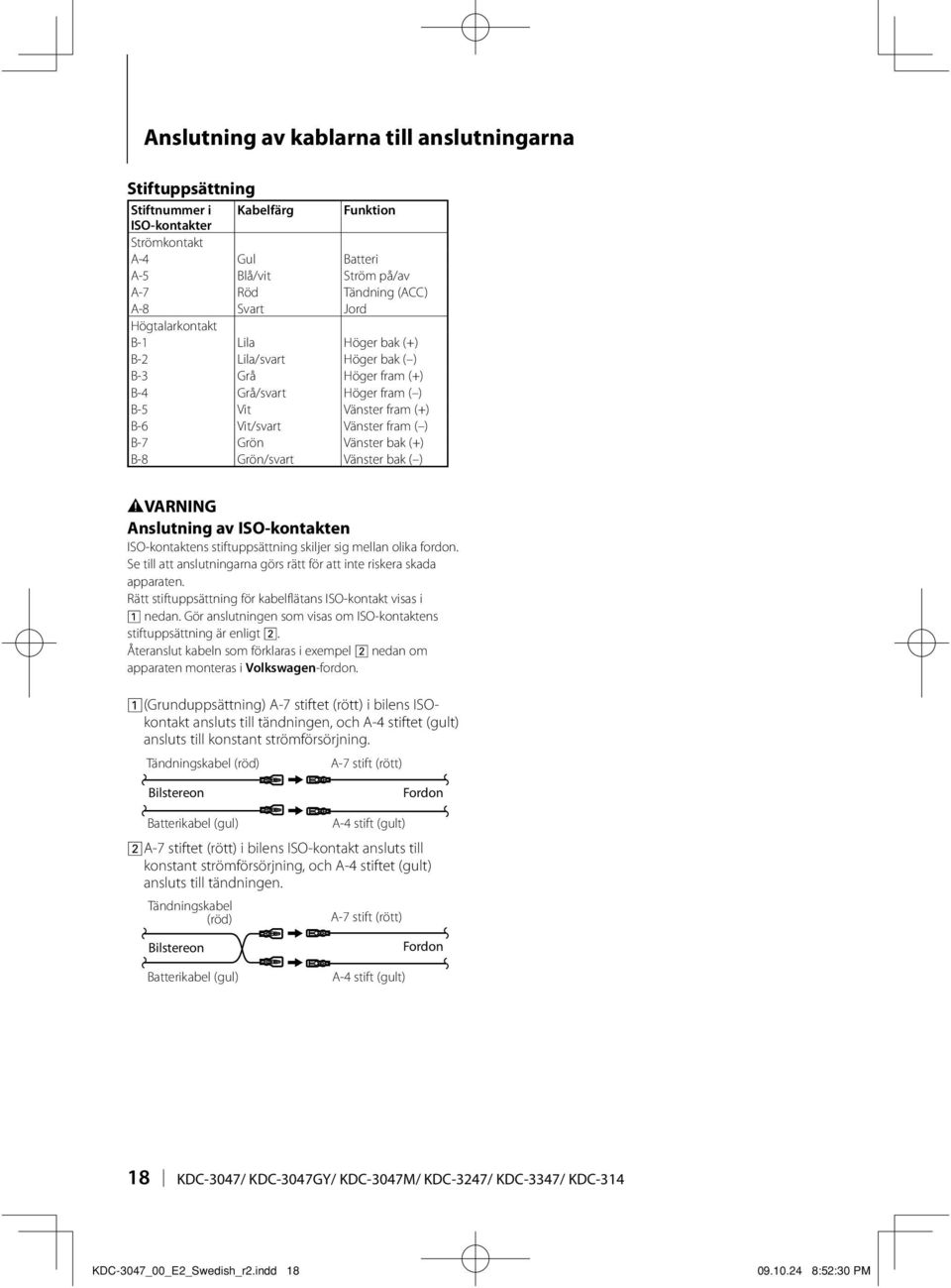 (+) B-8 Grön/svart Vänster bak ( ) 2VARNING Anslutning av ISO-kontakten ISO-kontaktens stiftuppsättning skiljer sig mellan olika fordon.