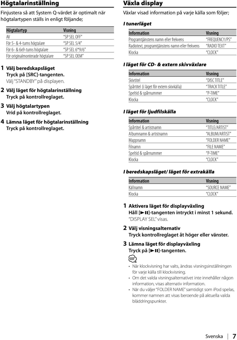 2 Välj läget för högtalarinställning Tryck på kontrollreglaget. 3 Välj högtalartypen Vrid på kontrollreglaget. 4 Lämna läget för högtalarinställning Tryck på kontrollreglaget.