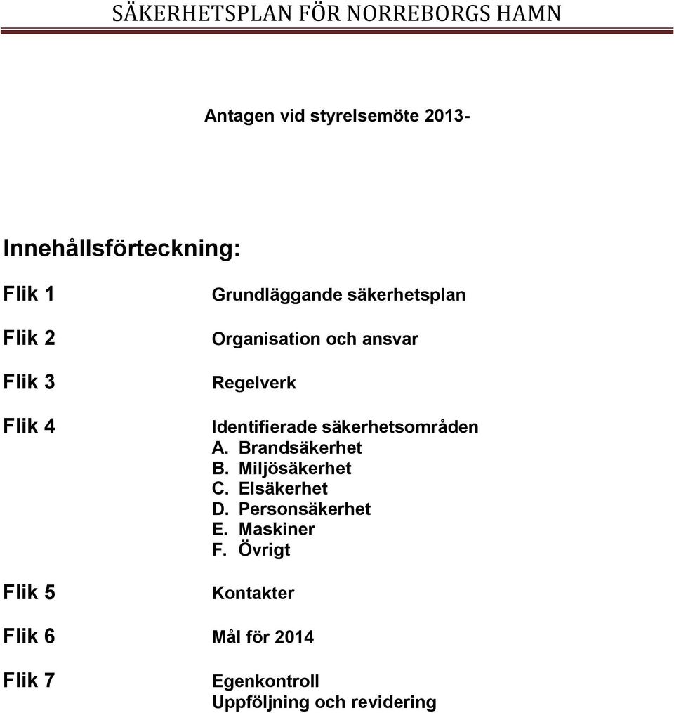 säkerhetsområden A. Brandsäkerhet B. Miljösäkerhet C. Elsäkerhet D. Personsäkerhet E.