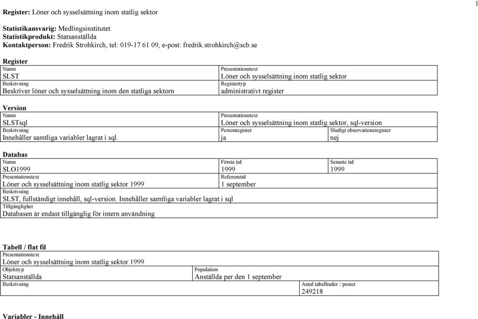 Presentationstext Löner och sysselsättning inom statlig sektor Registertyp administrativt register Presentationstext Löner och sysselsättning inom statlig sektor, sql-version Personregister ja